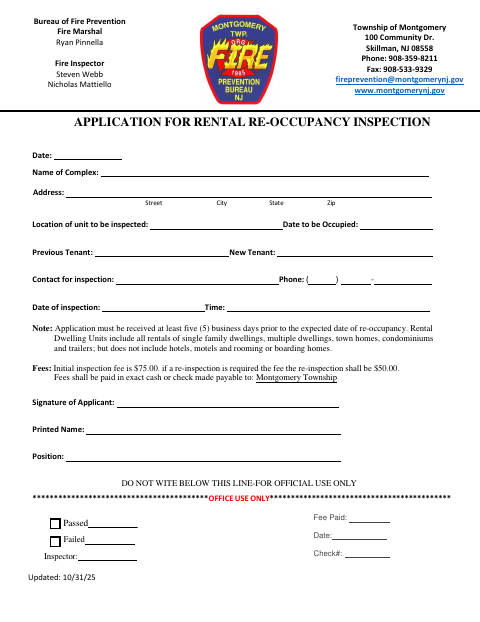 First page of the Application for Rental Re-Occupancy Inspection