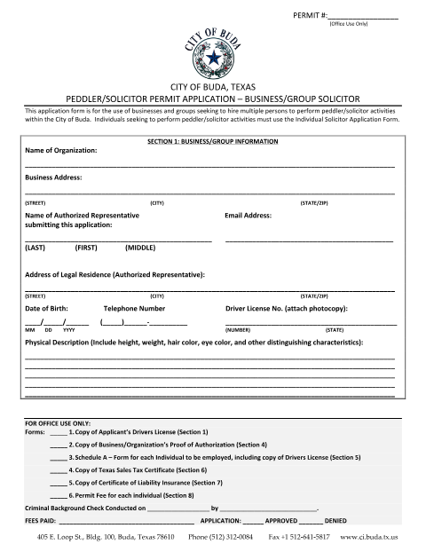 First page of the Peddler/Solicitor Permit Application – Business/Group