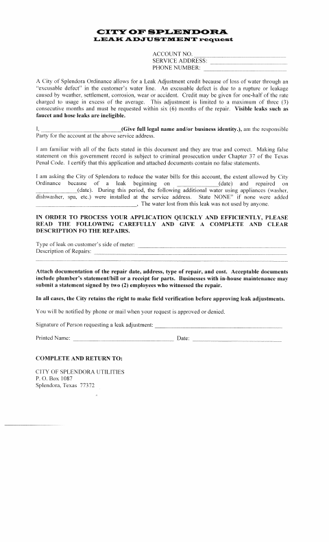 First page of the Leak Adjustment Form
