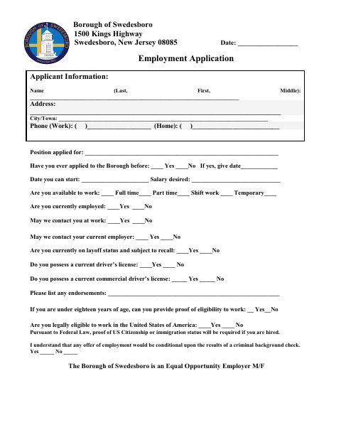 First page of the Employment Application
