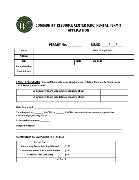 First page of the Community Resource Center Rental Permit Application