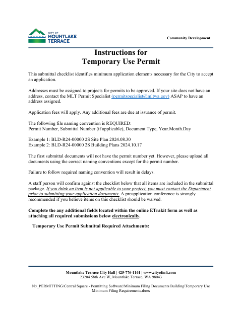 First page of the Temporary Use Permit Submittal Checklist