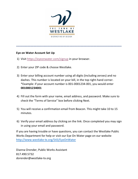 First page of the Eye On Water Account Set Up