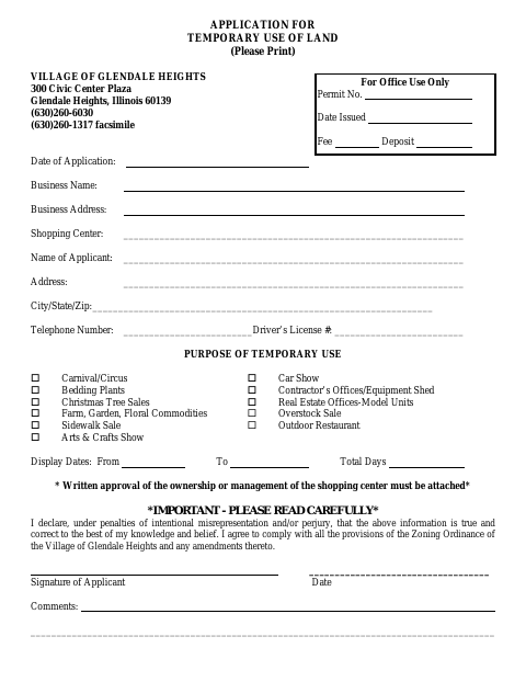 First page of the Application for Temporary Use of Land