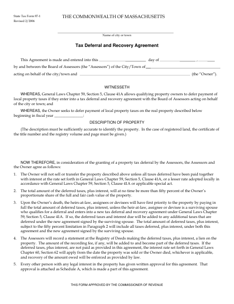 First page of the Tax Deferral and Recovery Agreement