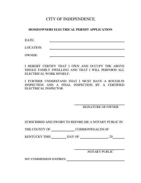 First page of the Homeowners Electrical Permit Application