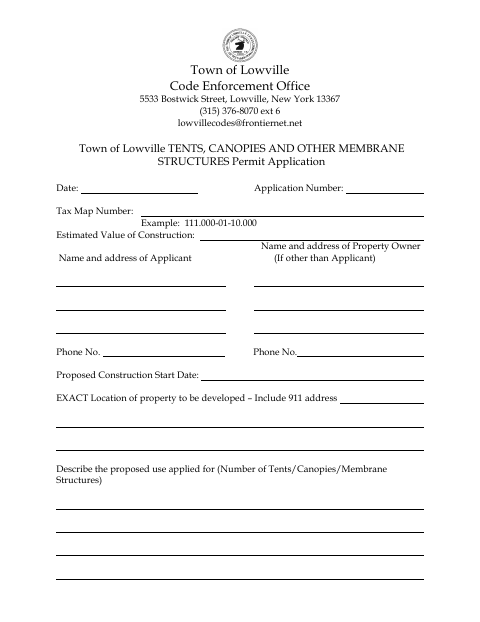First page of the Tents, Canopies and Other Membrane Structures Permit Application