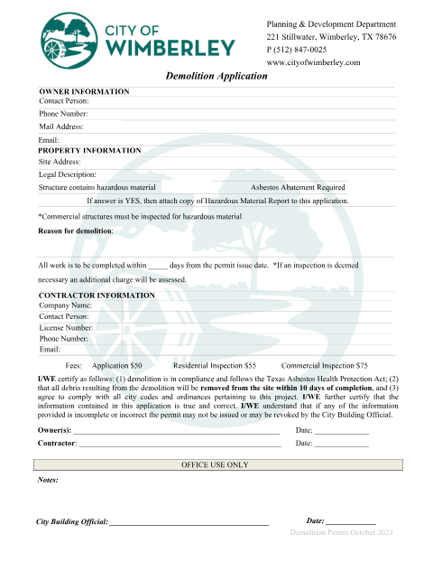 First page of the Demolition Permit Application