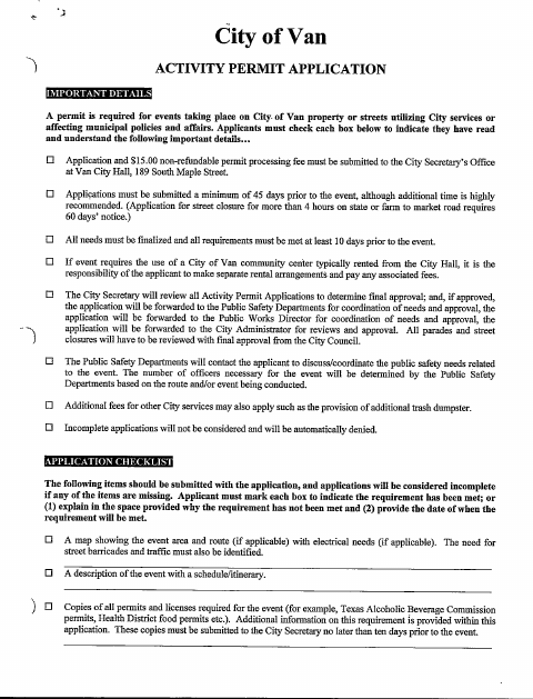 First page of the Activity Permit Application