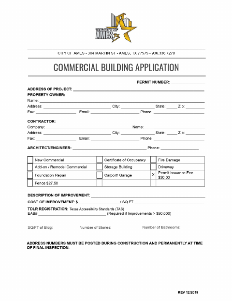 First page of the Commercial Building Application