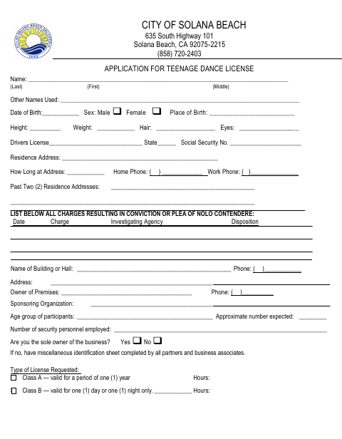 First page of the Application for Teenage Dance License