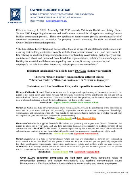 First page of the Owner-Builder Acknowledgment and Information Verification Form