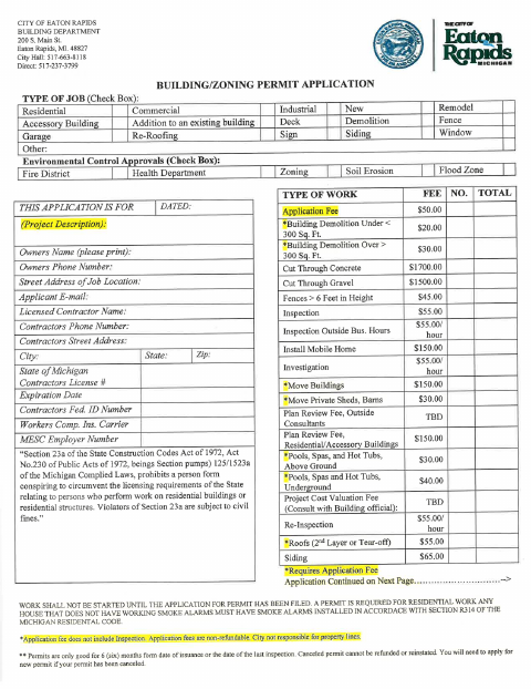 First page of the Building/Zoning Permit Application