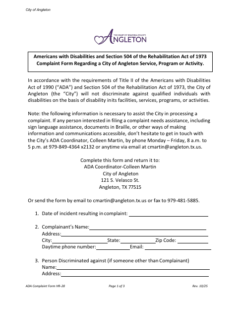 First page of the ADA Complaint Form Regarding a City Service, Program or Activity