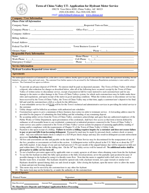 First page of the Application for Hydrant Meter Service