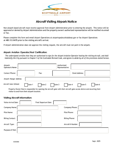 First page of the Aircraft Visiting Airpark Notice