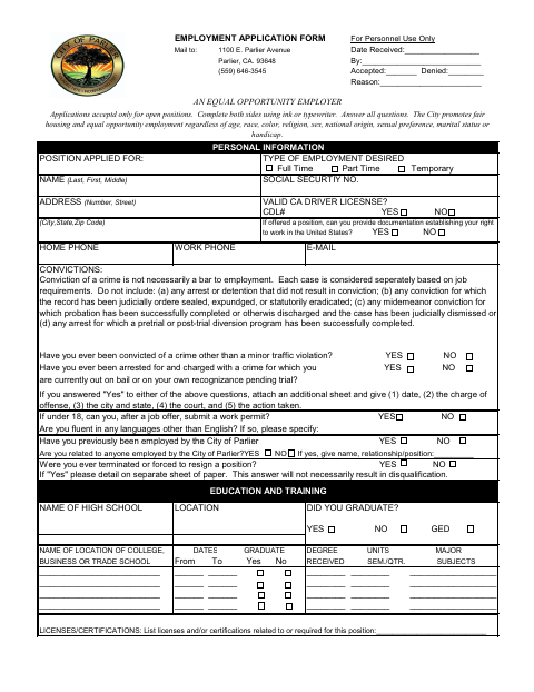 First page of the Employment Application Form