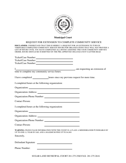 First page of the Request for Extension to Complete Community Service