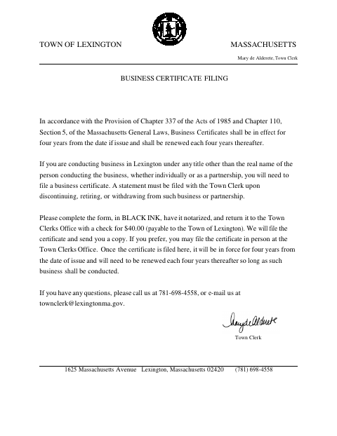 First page of the Business Certificate Filing