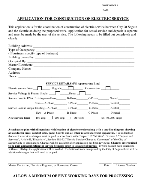 First page of the Application for Construction of Electric Service