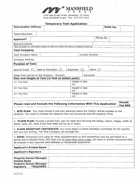 First page of the Temporary Tent Application