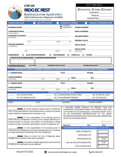 First page of the Business License Application