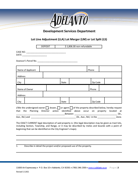 First page of the Lot Line Adjustment, Lot Merger, or Lot Split Application