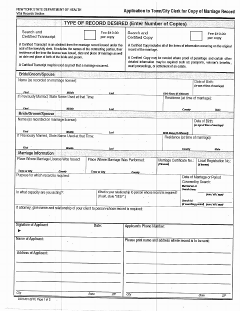 First page of the Application for Copy of Marriage License