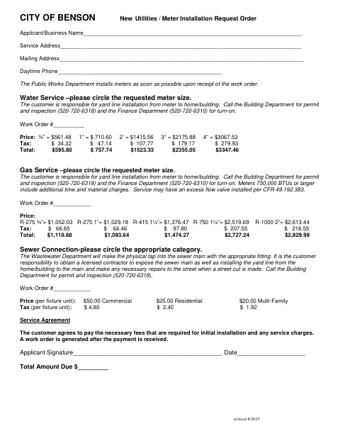 First page of the New Utilities / Meter Installation Request Order