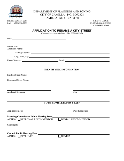 First page of the Application to Rename a City Street