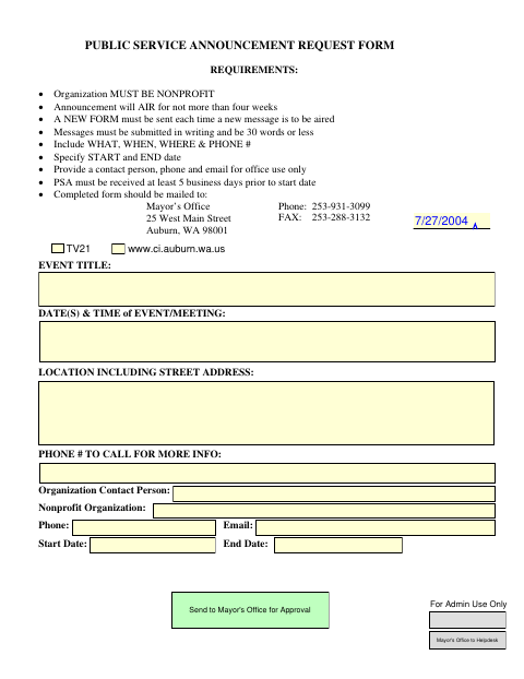 First page of the Public Service Announcement Request Form