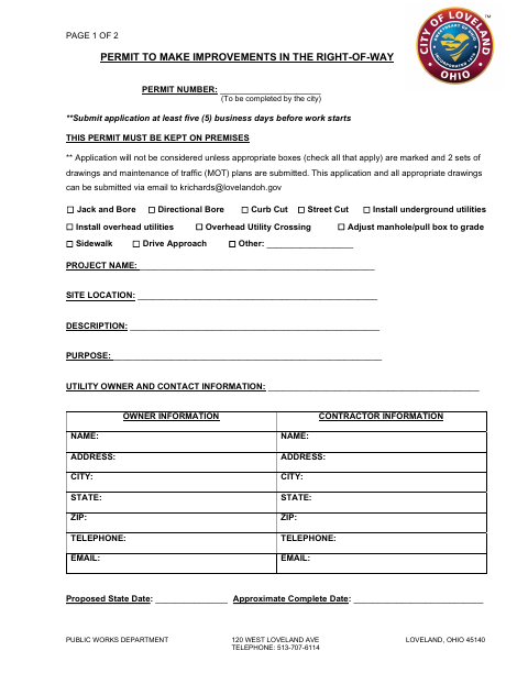First page of the Right of Way Permit Application