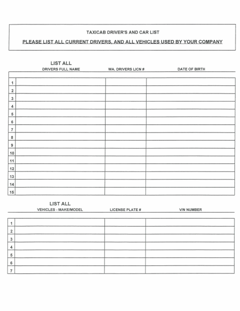 First page of the Taxicab Driver and Car List Sheet