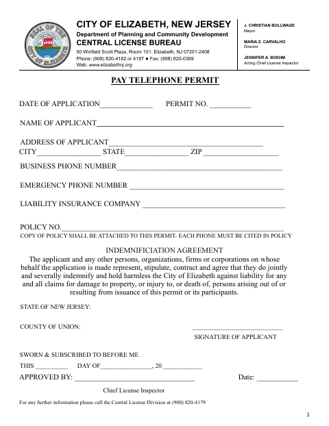 First page of the Pay Telephone Permit Application