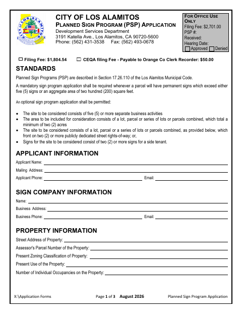 First page of the Planned Sign Program Application