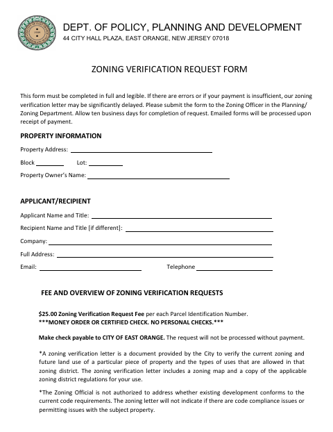 First page of the Zoning Verification Request Form