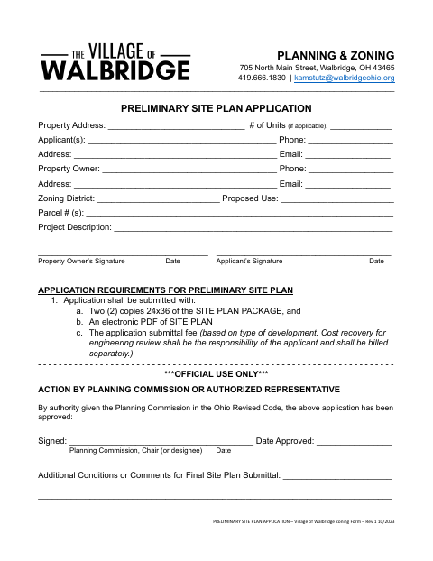 First page of the Preliminary Site Plan Application
