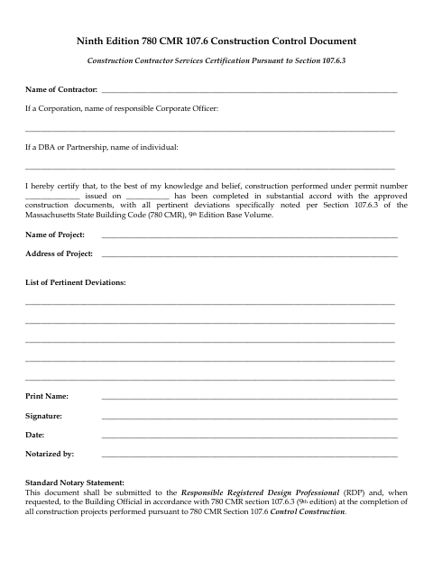 First page of the Construction Control Document Certification