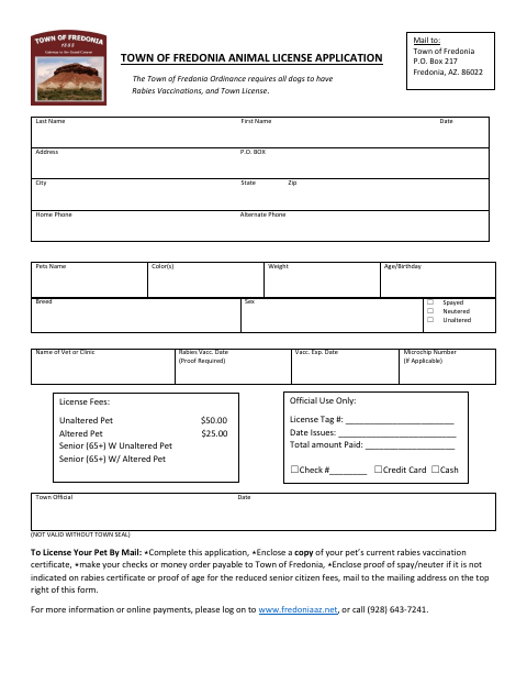 First page of the Animal License Application