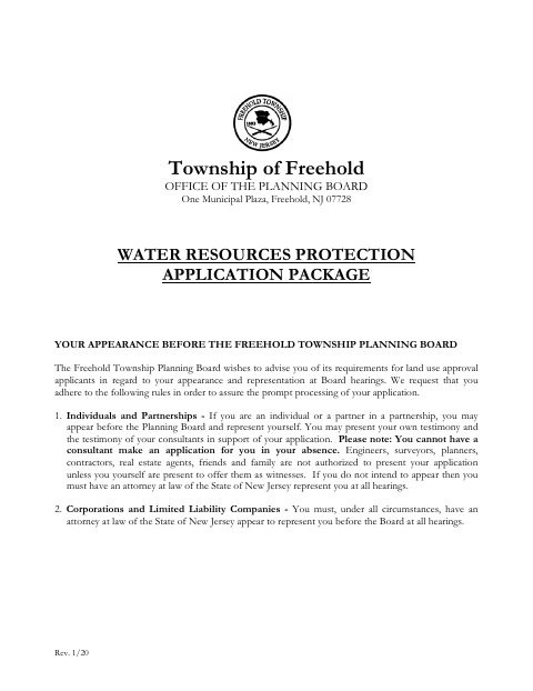 First page of the Water Resources Protection Application Package