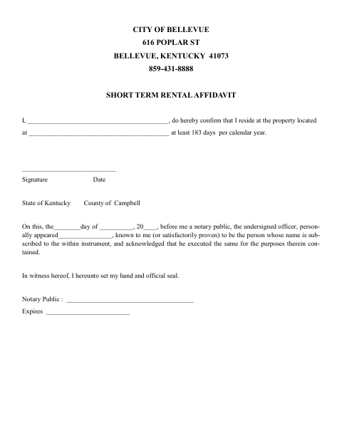 First page of the Short Term Rental Affidavit
