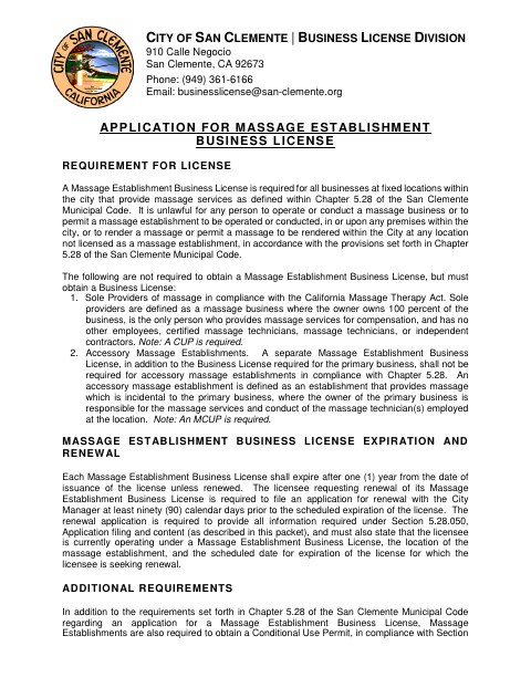 First page of the Massage Establishment Business License Application