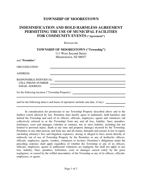 First page of the Indemnification and Hold Harmless Agreement for Community Events