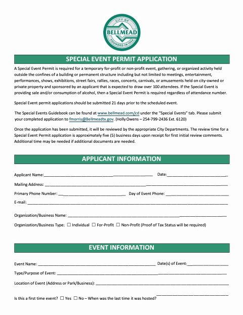 First page of the Special Event Permit Application