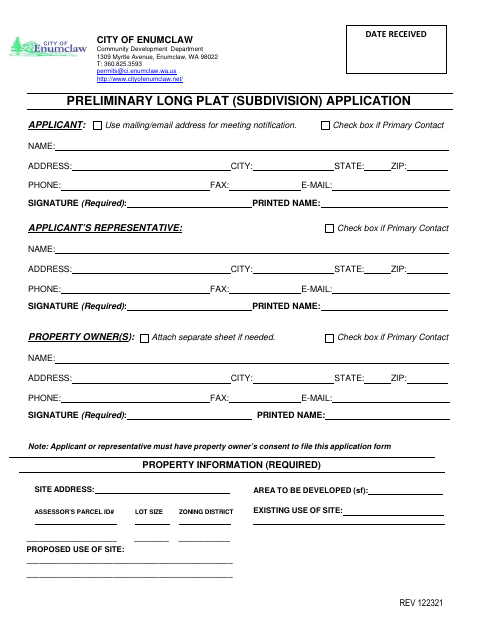 First page of the Preliminary Long Plat (Subdivision) Application