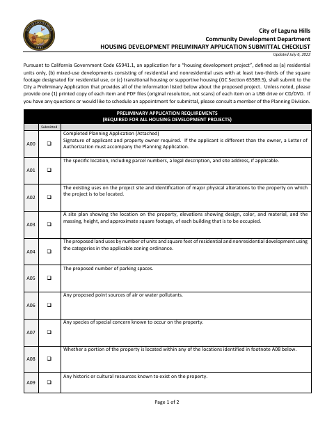 First page of the Housing Development Preliminary Application Submittal Checklist