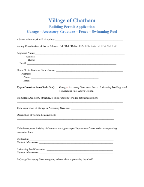 First page of the Building Permit Application for Garages, Accessory Structures, Fences, and Swimming Pools