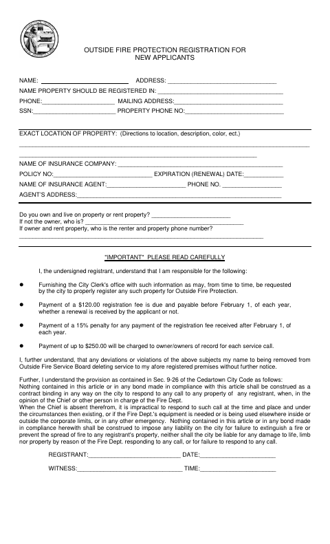 First page of the Outside Fire Protection Registration For New Applicants