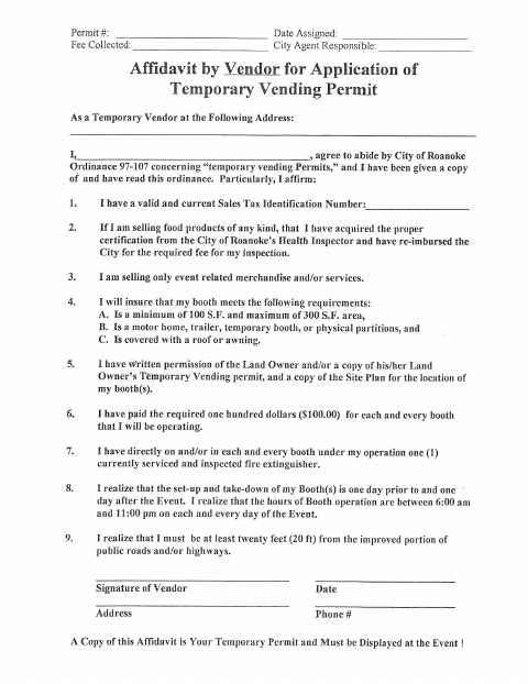 First page of the Temporary Vending Permit Affidavits