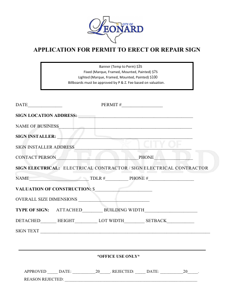 First page of the Application for Permit to Erect or Repair Sign